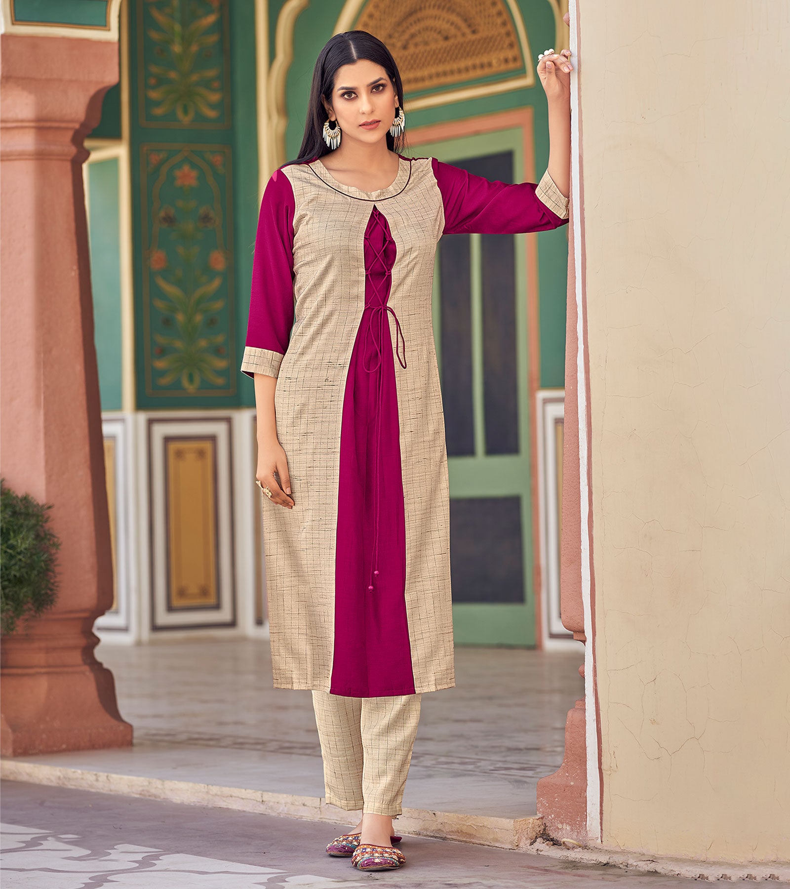 CEY Kurti With Show Button On Front With Cuff Sleeve In Beige And Navy Blue  | Abayakart.com